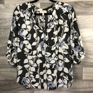 Collective Concepts Womens Blouse Black‎ White Floral Notch Neck 3/4 Sleeve M